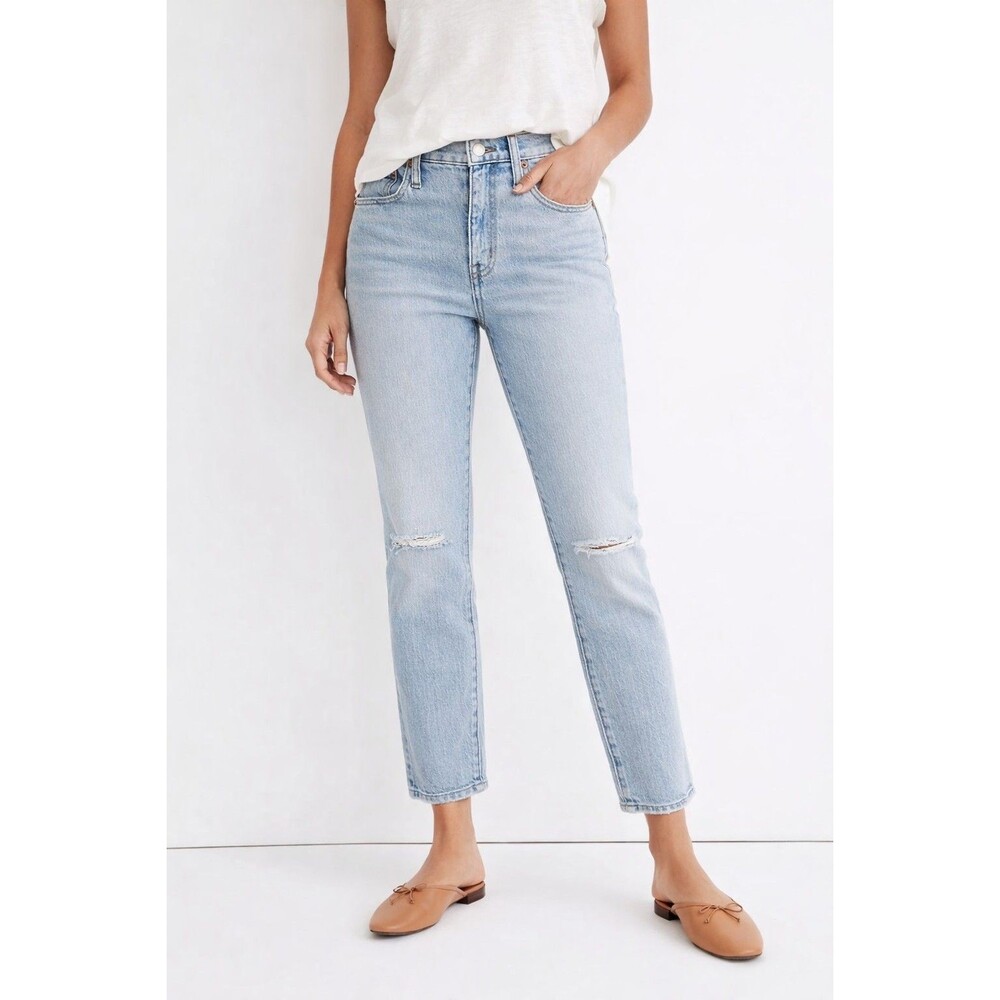 Madewell High Rise Slim Crop Boyjean 28 Tall Distressed Light Wash Denim